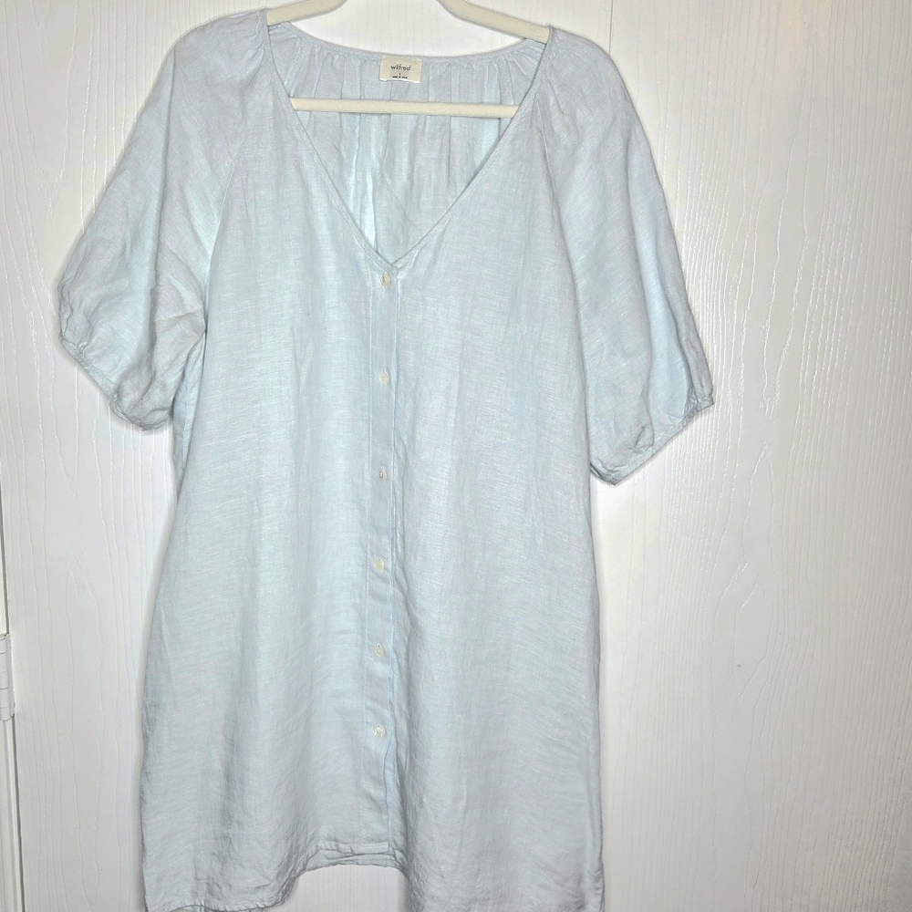 Aritzia Wilfred Light Blue Linen V-Neck Button Tunic Coastal Summer-Size S